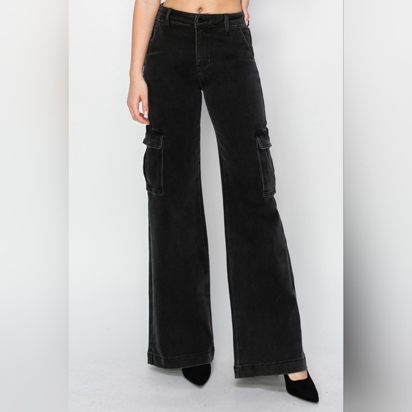 RISEN Cargo High-Rise Waist Boyfriend Denim Relaxed Wide Leg Utility Jean Pants - Picture 6 of 14